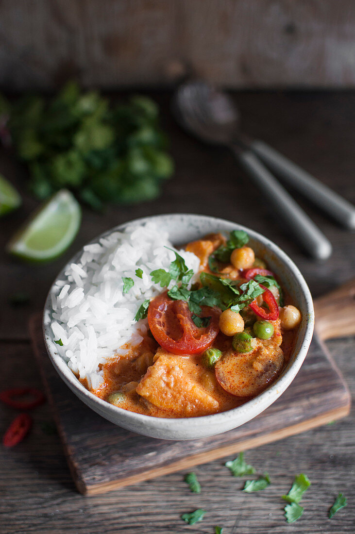 Thai red vegan curry with pumpkin, chickpeas and cherry tomatoes