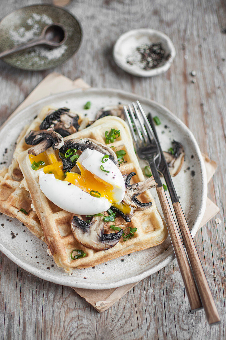 Savory waffles with soft boiled egg and mushrooms