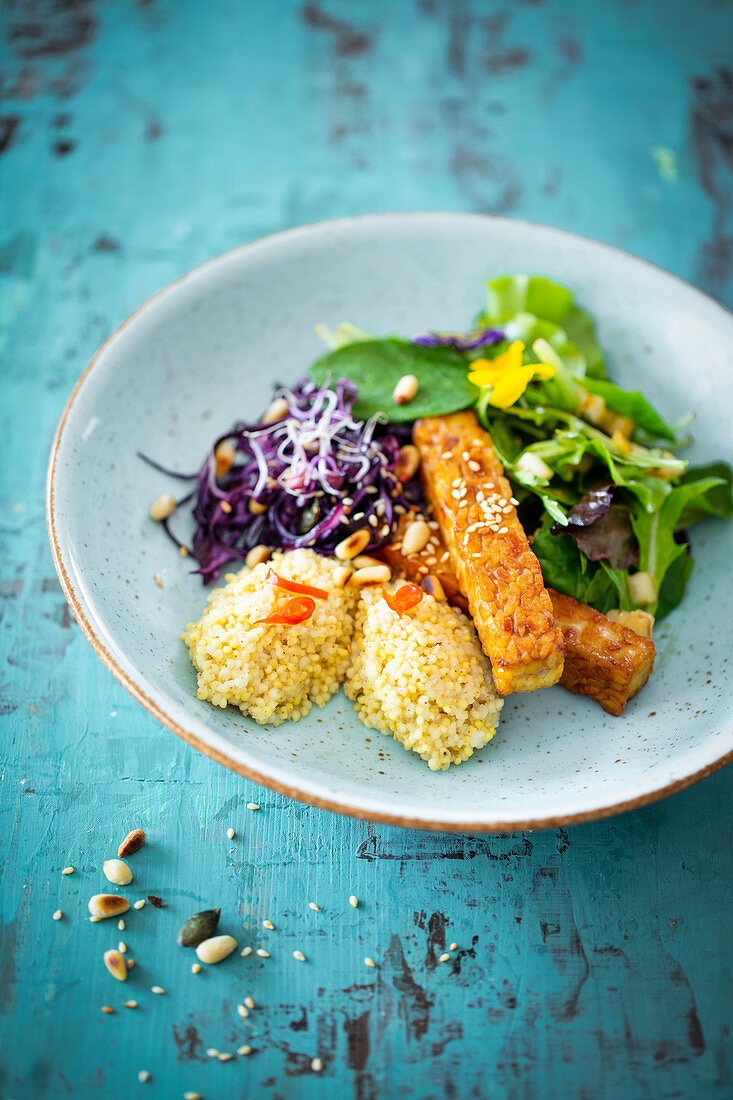 Kokos-Hirse mit Tempeh, rotem Cole Slaw und Salat mit Birnendressing