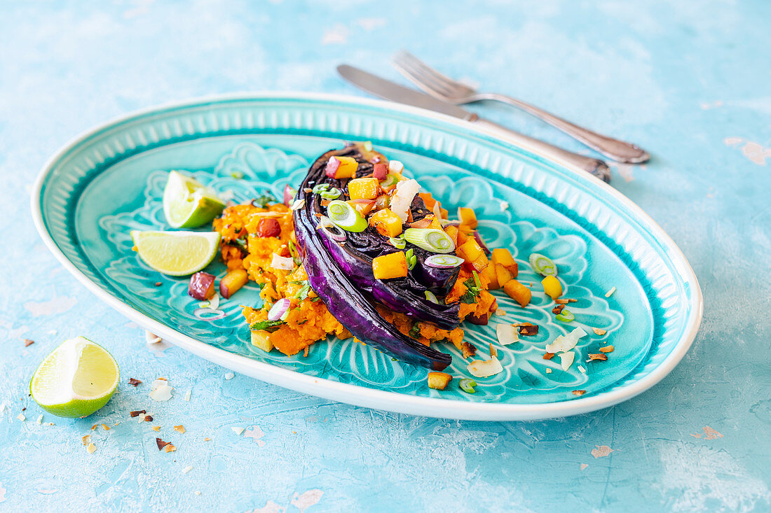 Grilled miso red cabbage with pumpkin and coconut purée and diced peaches (vegan)