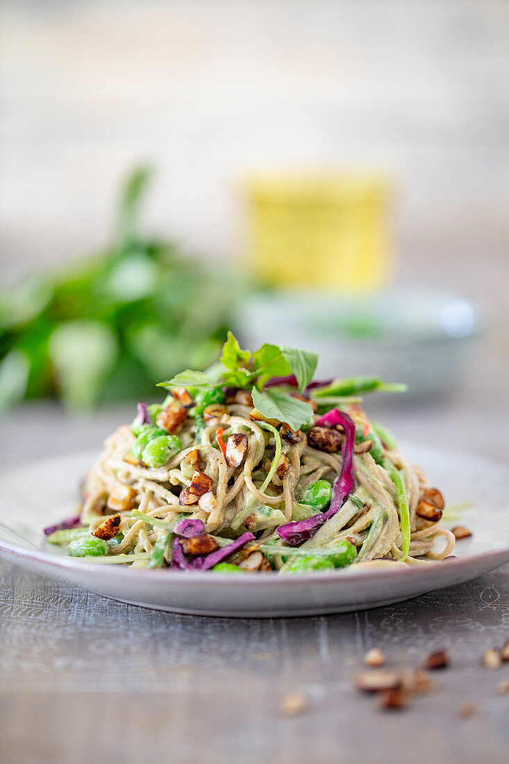 Veganer Sobanudelsalat mit Edamame, Rotkohl, Chili, Erdnüssen und Thaibasilikum-Dressing