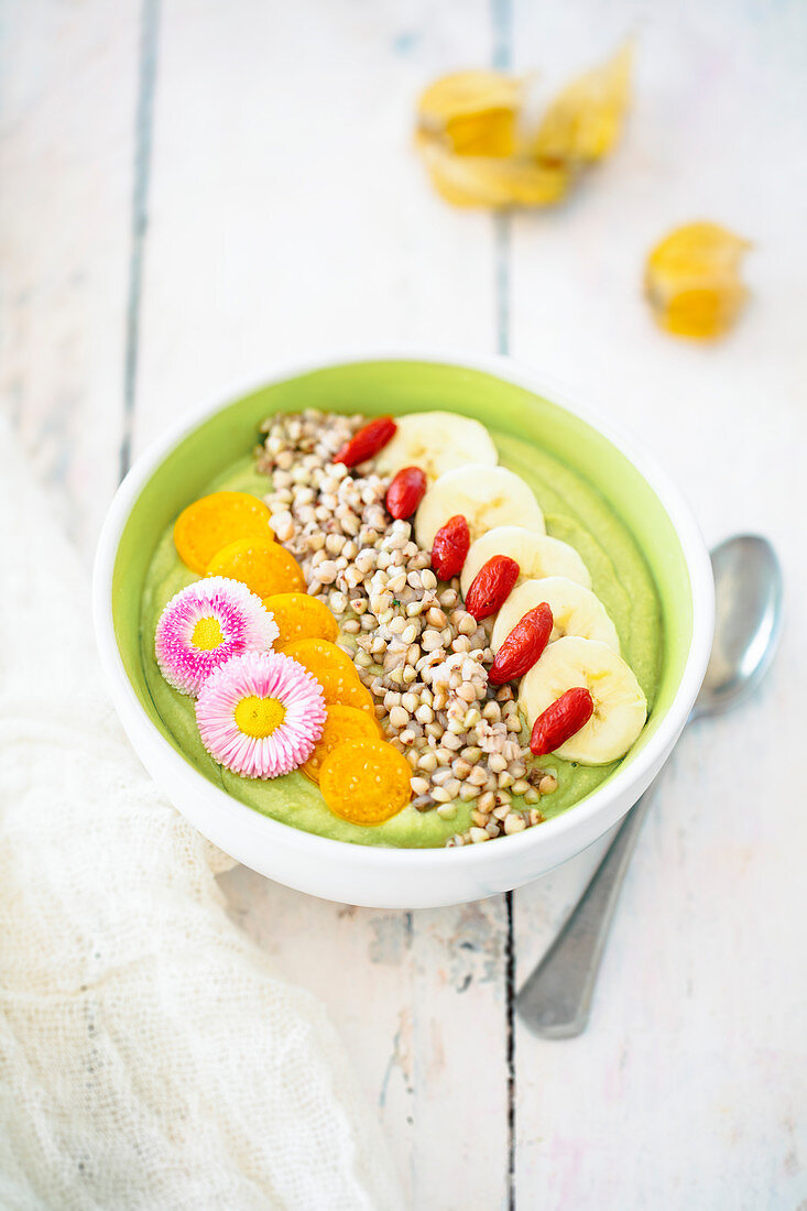 Vegan Spring smoothie bowl with cashews, avocados and buckwheat