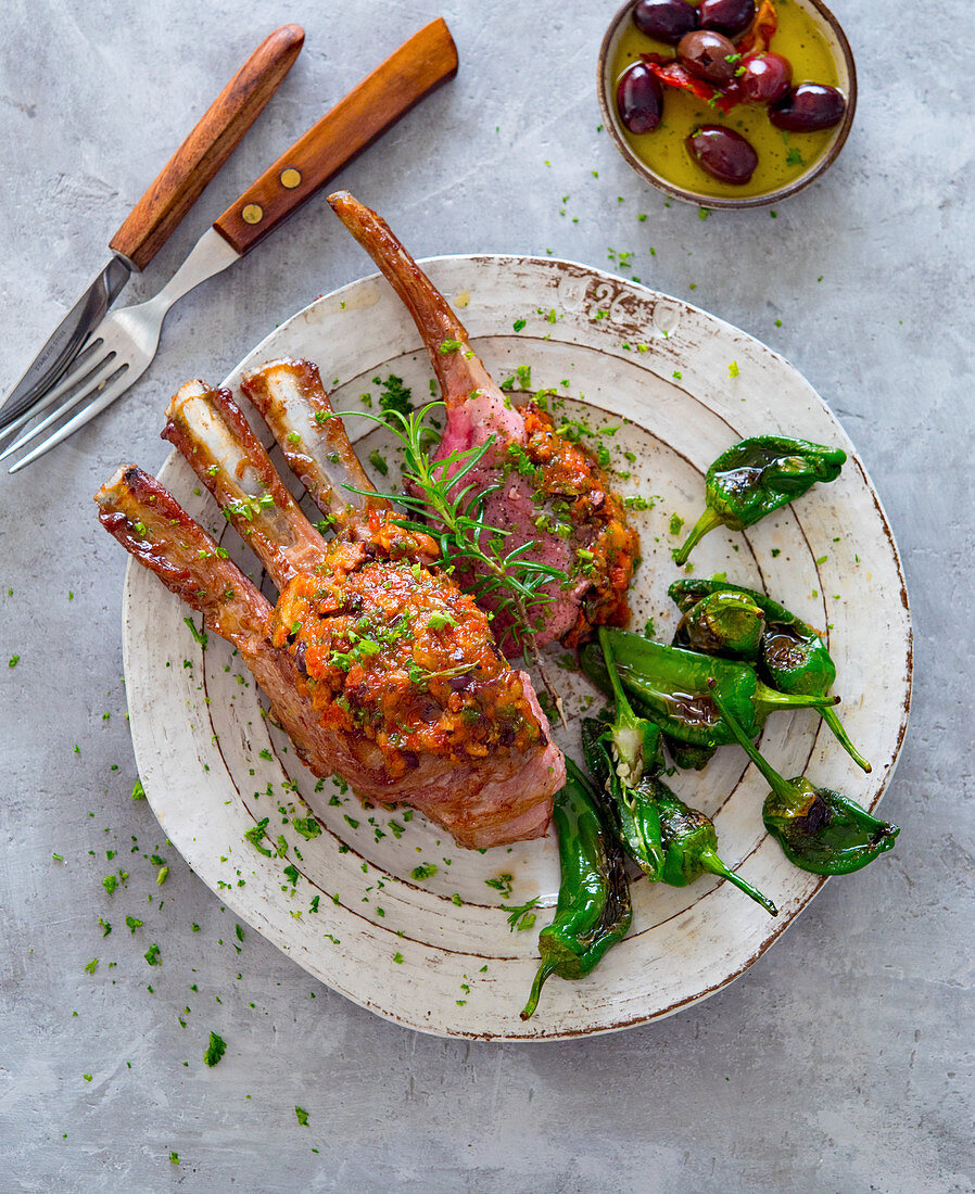 Rack of lamb with pimentos and olives
