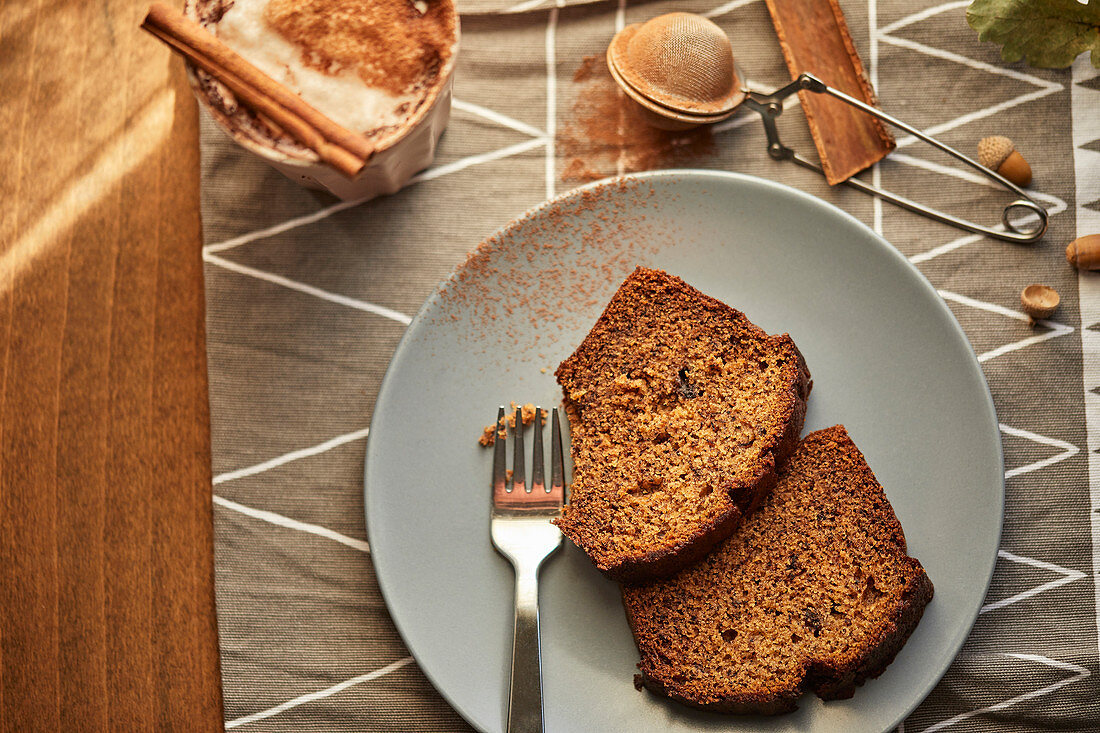 Baked banana bread with a cup of coffee