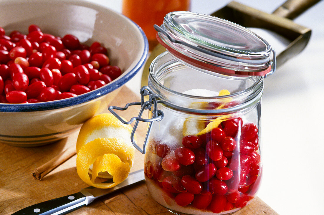 Cornelian cherry preserved in rum with lemon