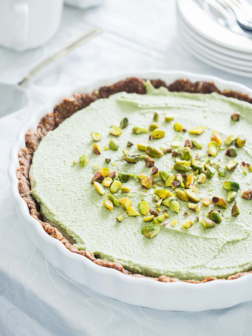 Vegane Paleo Matcha-Käsekuchen-Tarte aus Cashewnüssen