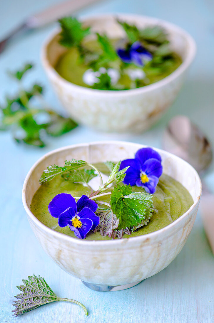 Cream soup with nettles in handmade ceramic bowls, decorated with nettle sprigs and violet flowers