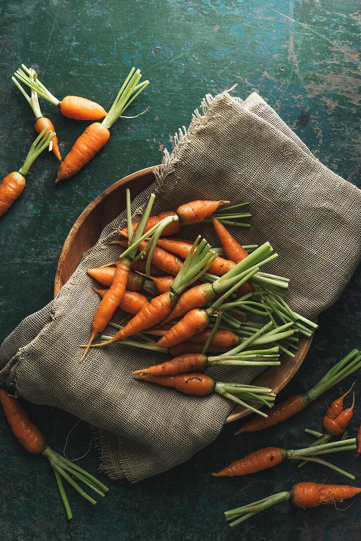 Young carrots on a linen cloth