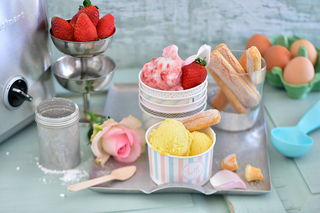 Strawberry ice cream with rose petals and vanilla ice cream with sponge fingers