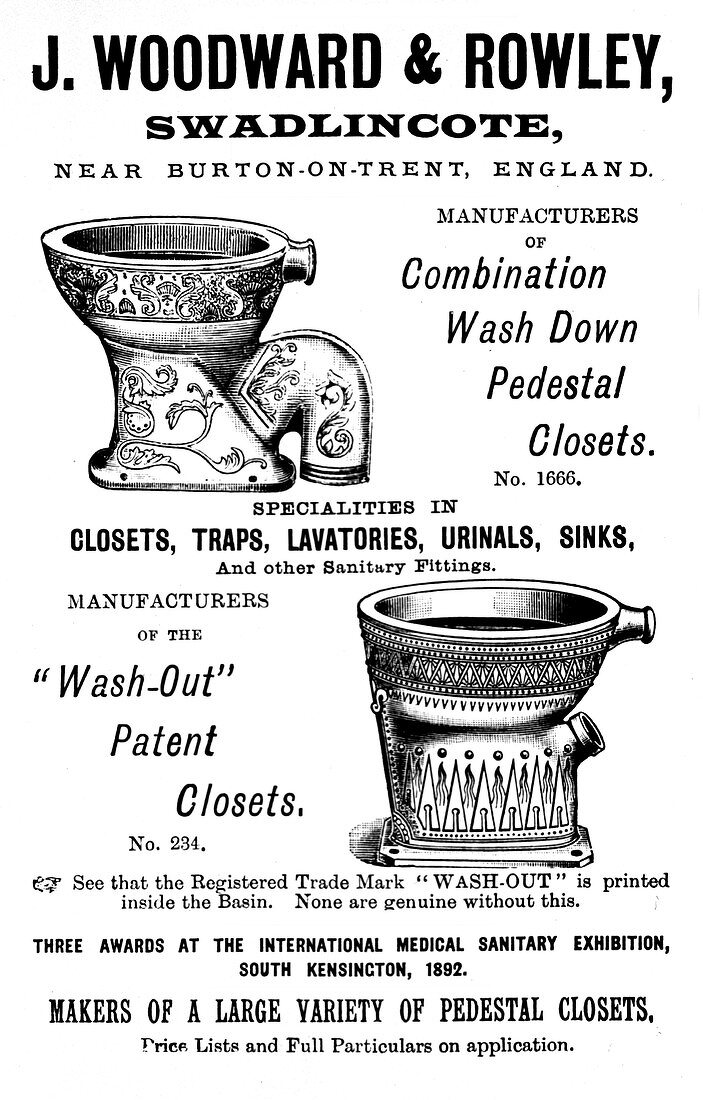 Pedestal Closets, Sanitation Advertisement, 1894