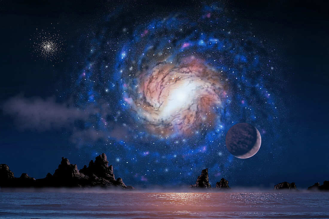 Spiral Galaxy Above Alien Sea
