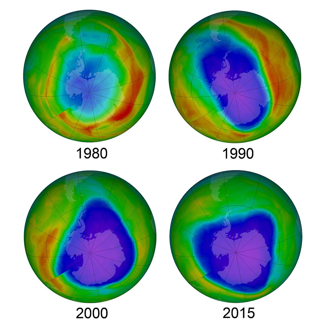 Antarctic Ozone Hole, 1980, 1990, 2000, and 2015
