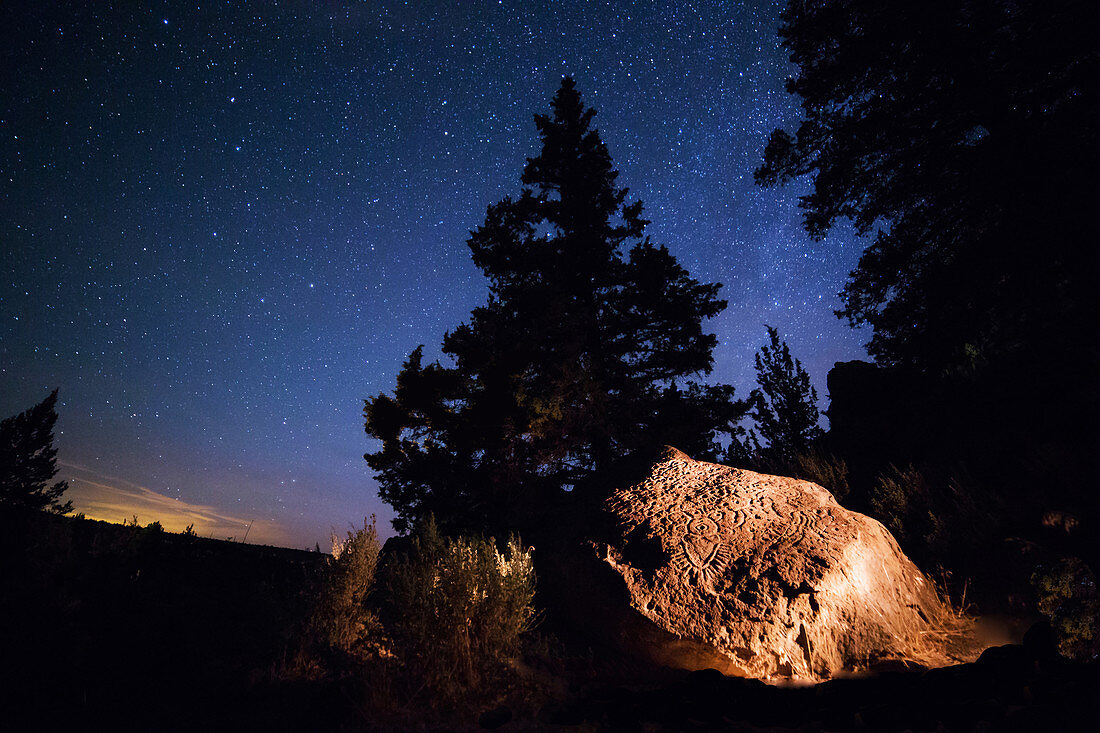 Petroglyph Boulder at Night