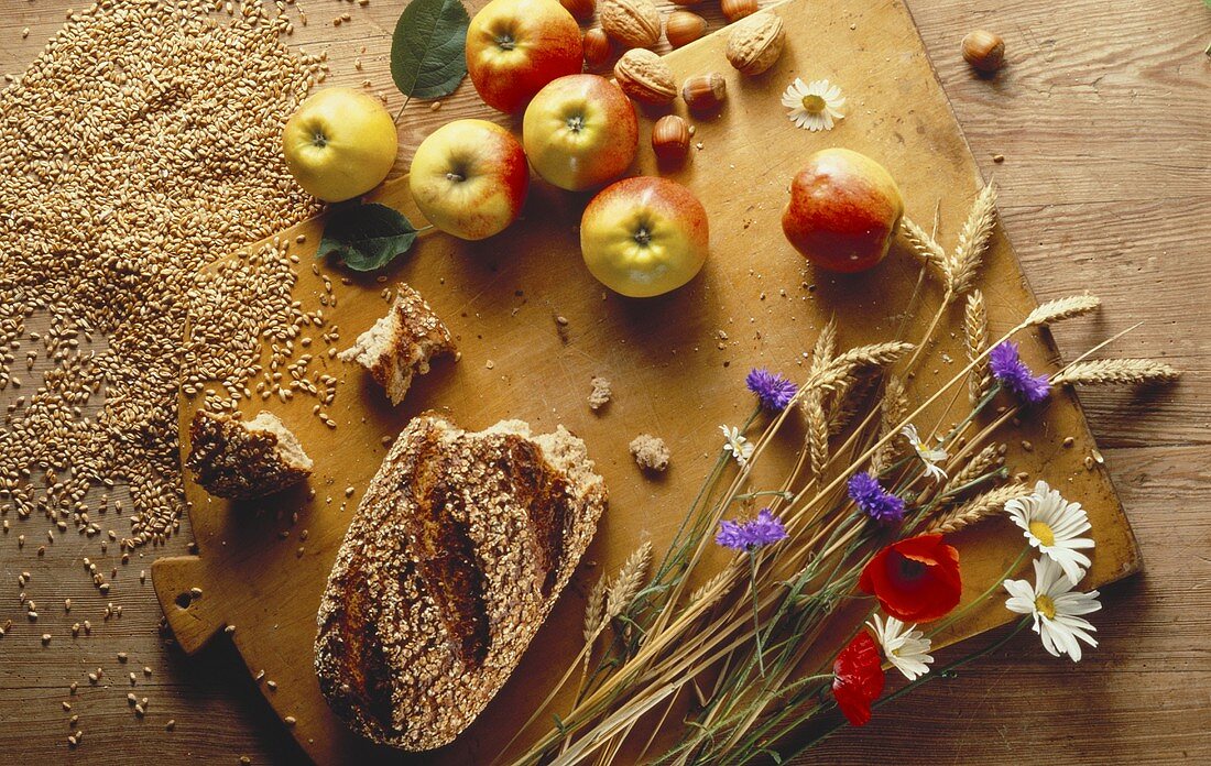 Stillleben mit Brot, Weizenähren, -körnern, Äpfeln & Nüssen