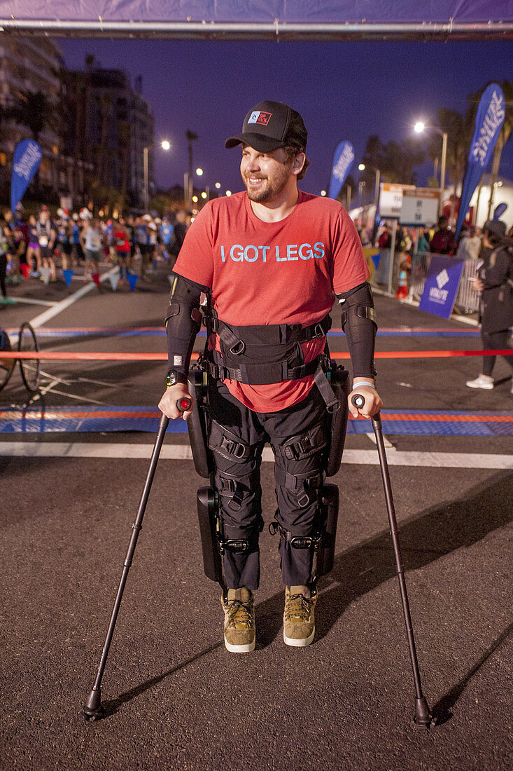 Man with Medical Exoskeleton Prepares for Footrace