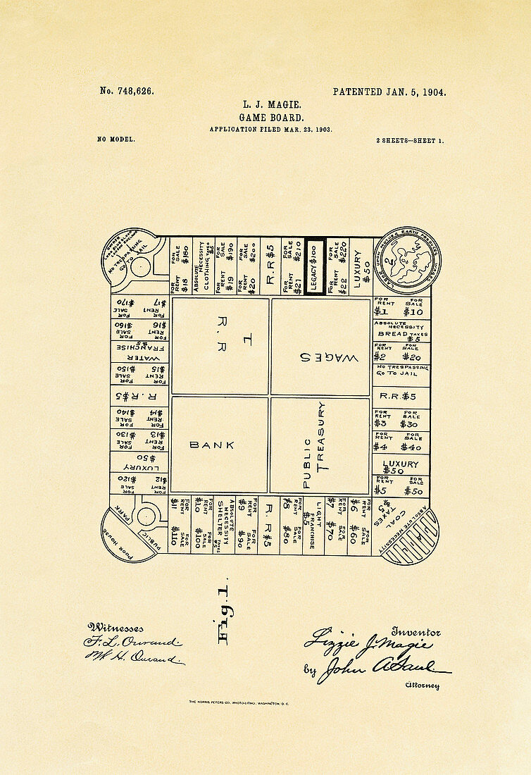 Monopoly-precursor board game patent, 1904