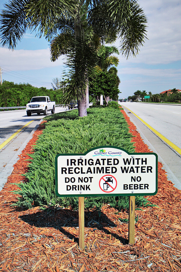 Irrigated with reclaimed water sign, Florida, USA