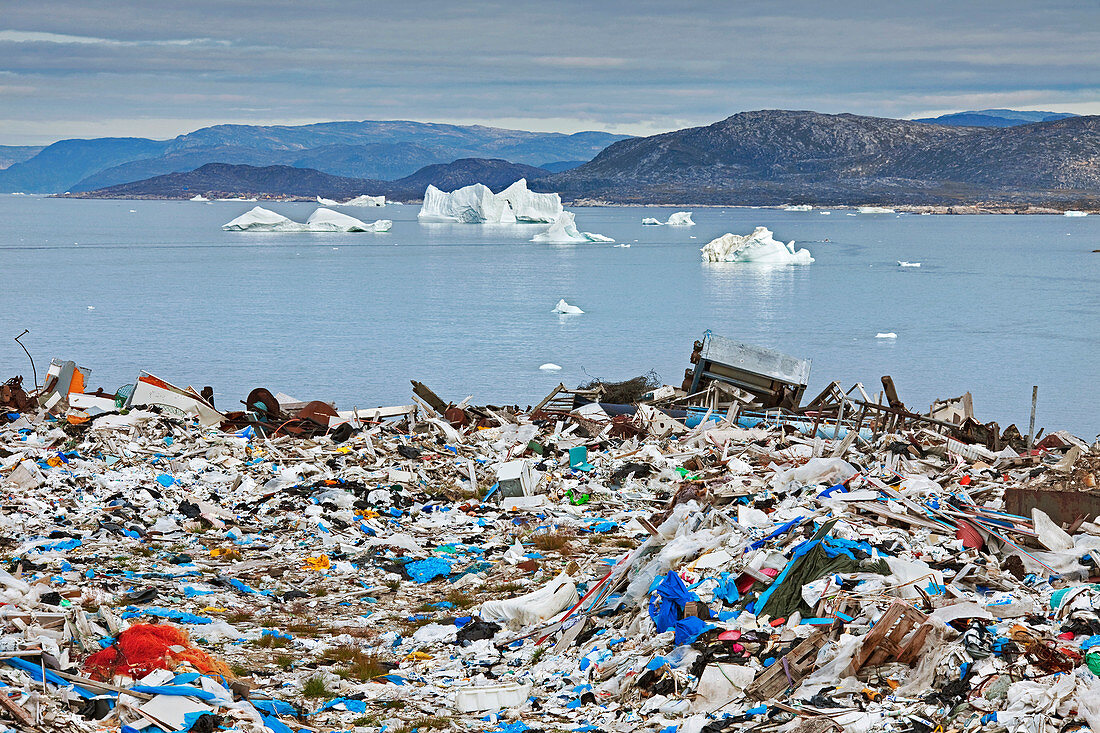 Rubbish dump and icebergs, Ilulissat, Greenland