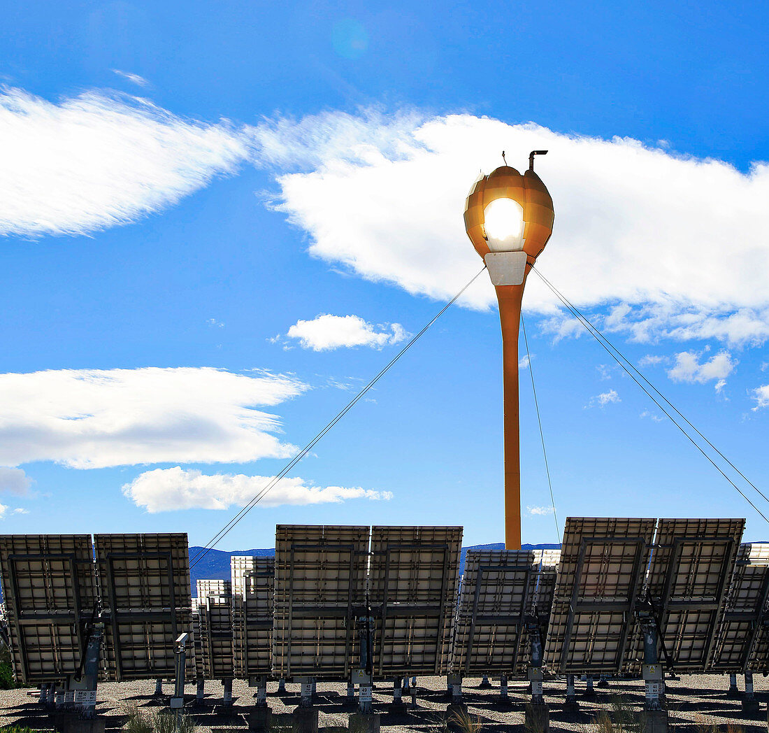 Heliostats reflecting sunlight to receiver tower