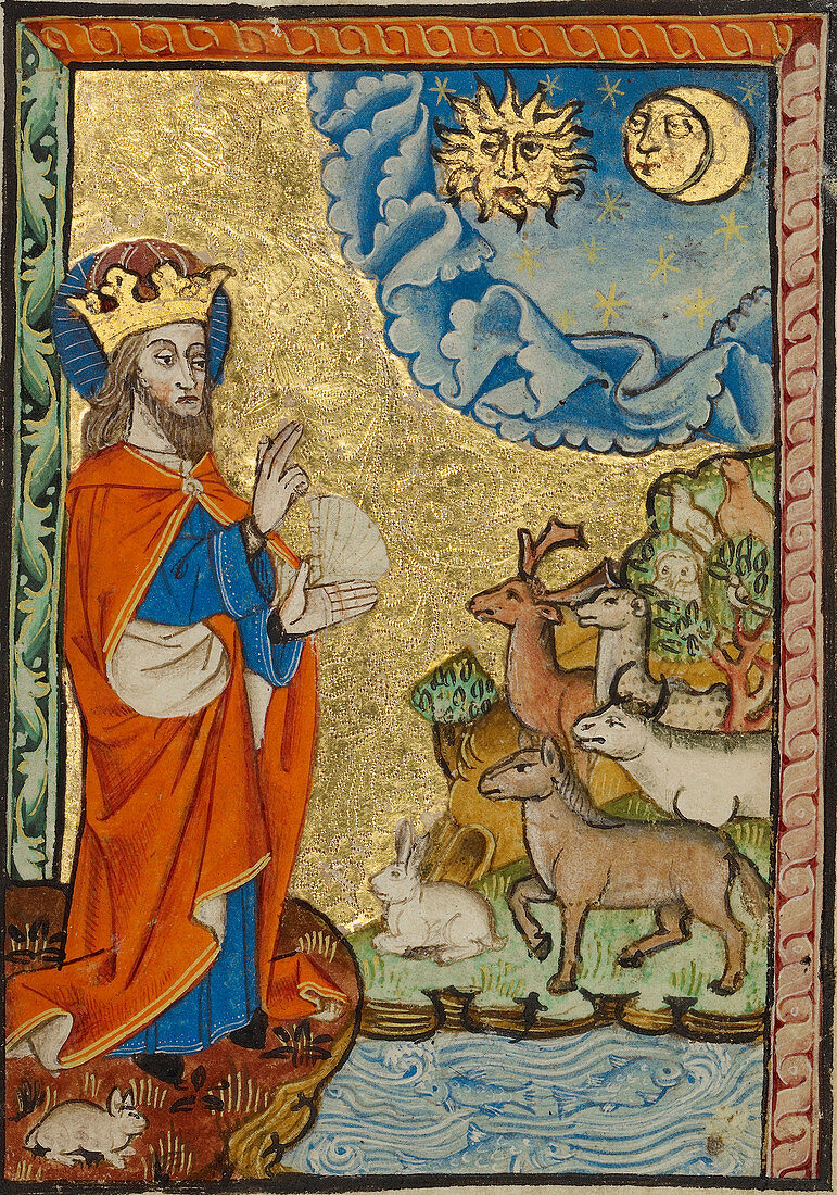 God creating the world, 12th century illustration