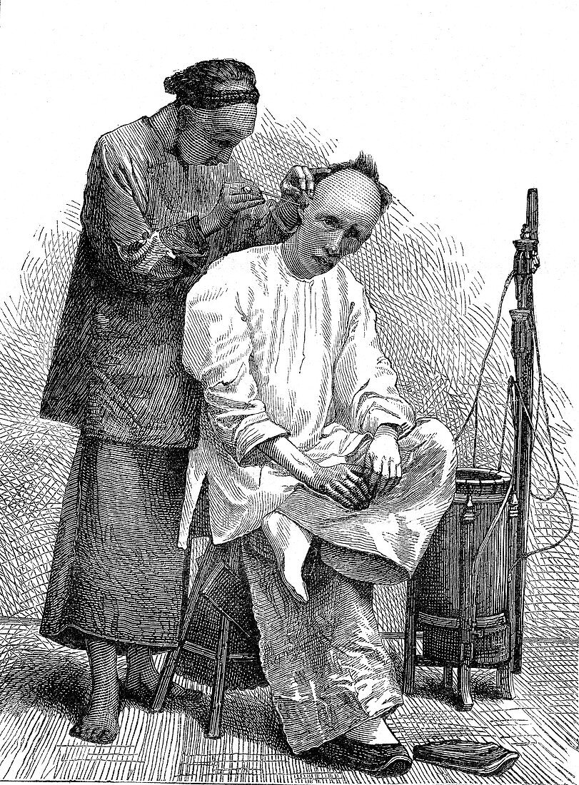 Chinese barber in Peking, 1860s