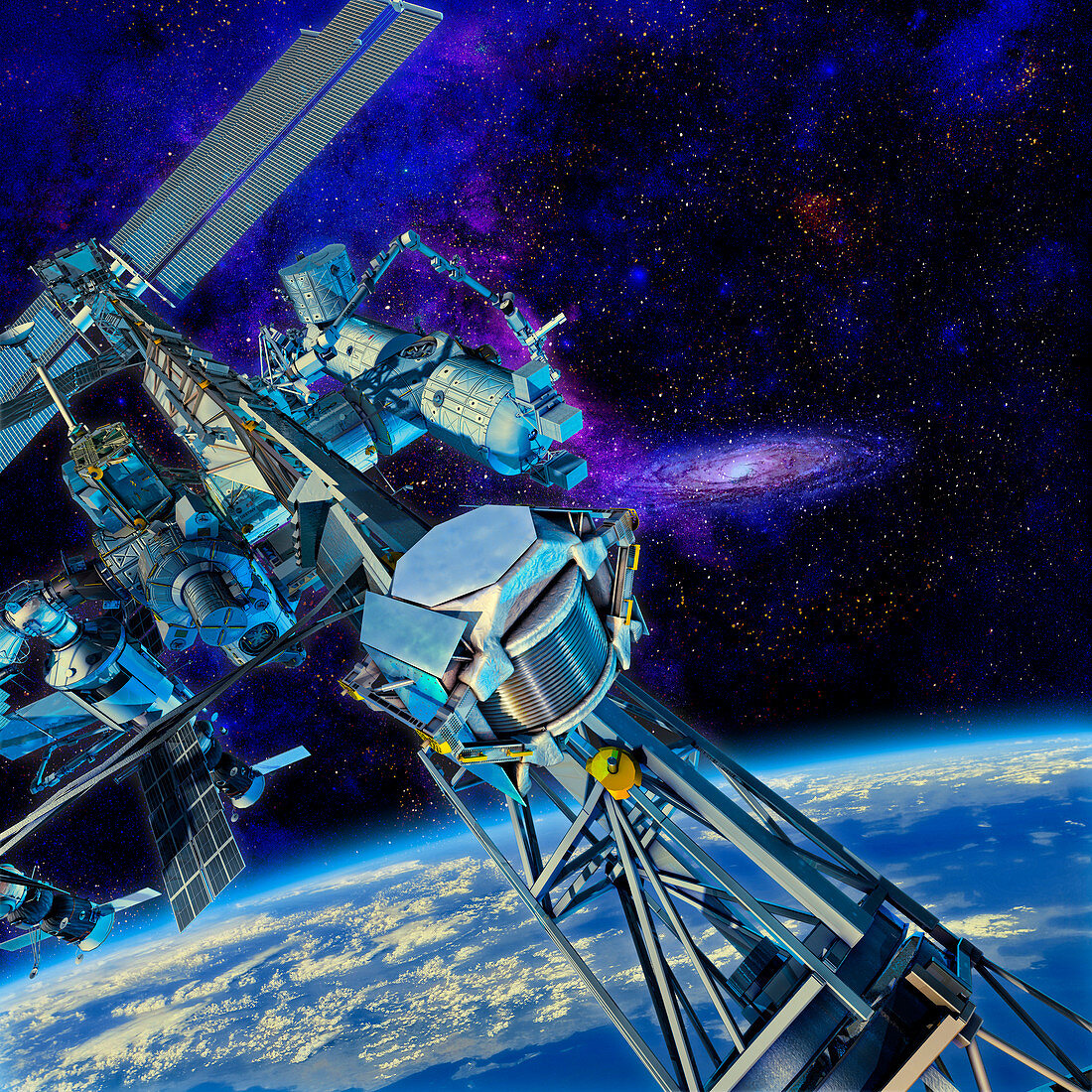 Alpha Magnetic Spectrometer installed on ISS, illustration
