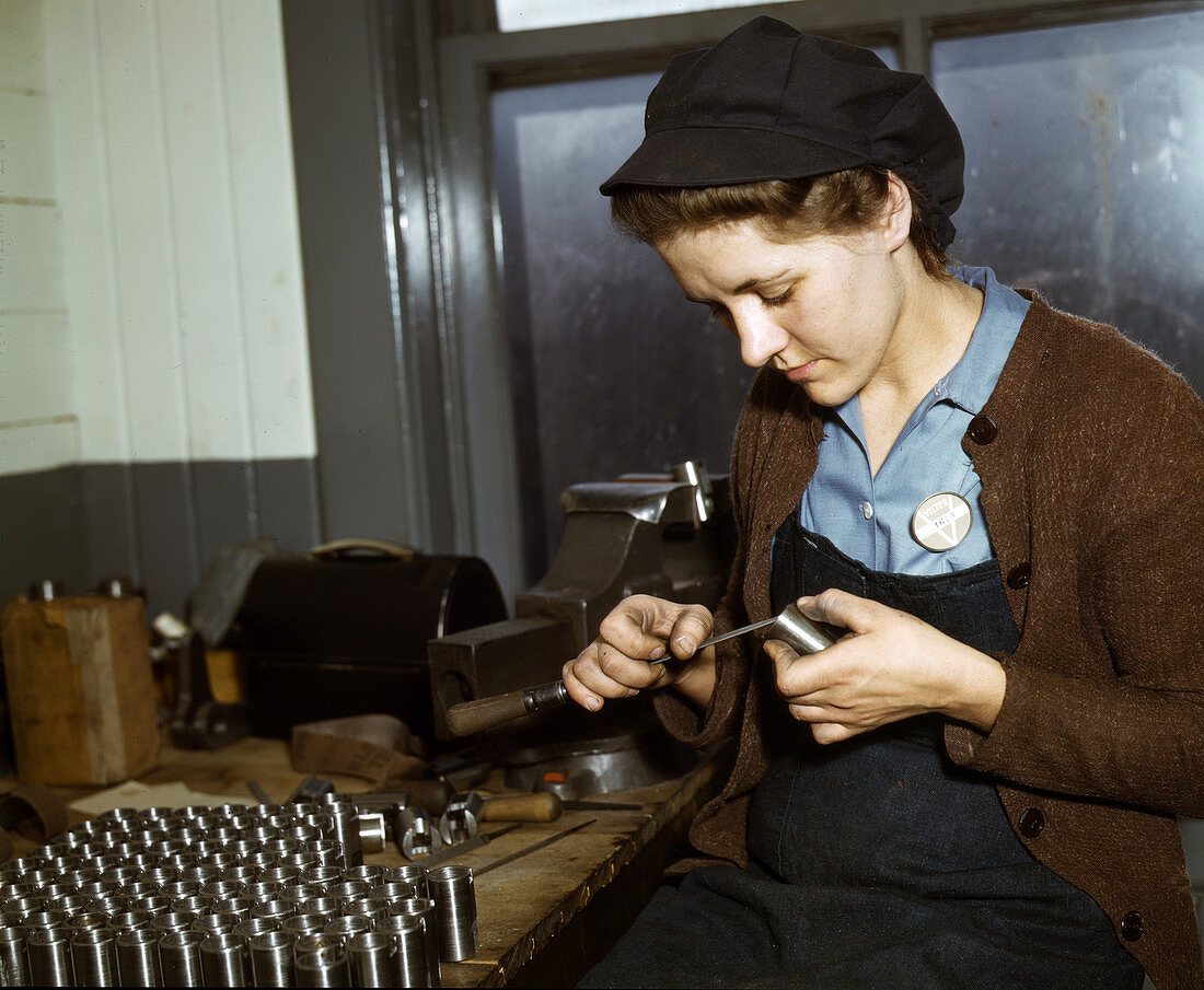 WWII, Woman Filing Gun Parts, 1943