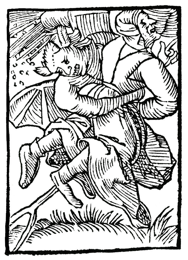 Satan and Witch Riding Pitchfork, 1489