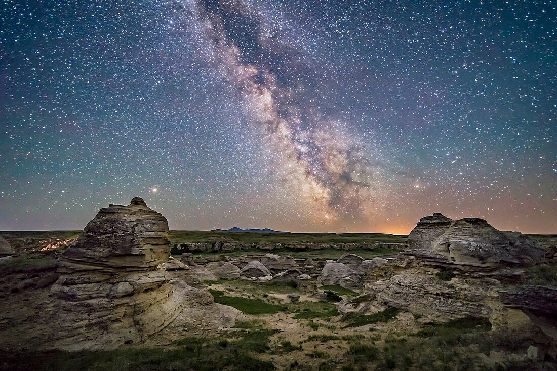 Mars and the Milky Way over Writing-on-Stone Park, Canada