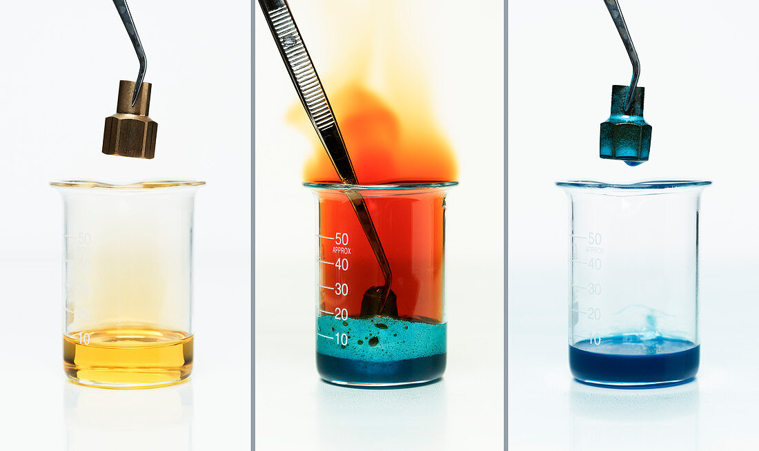 Brass reacts with nitric acid