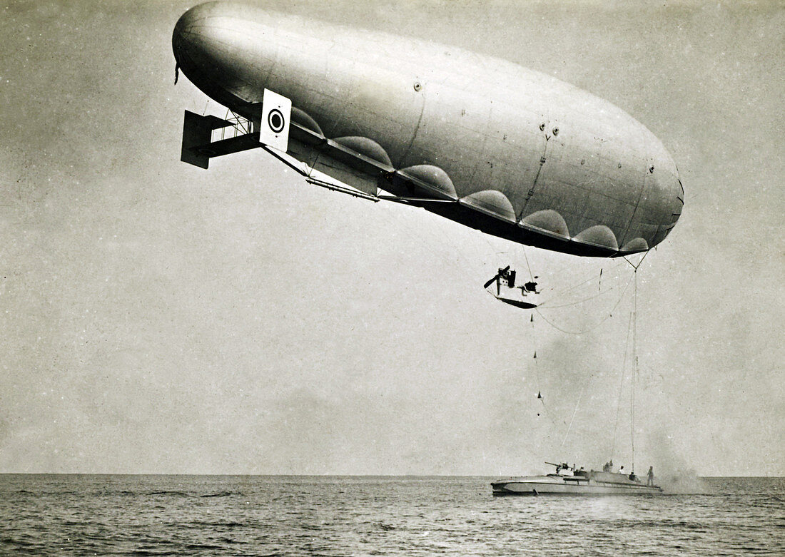 Blimp Attached to Gunboat, World War 1