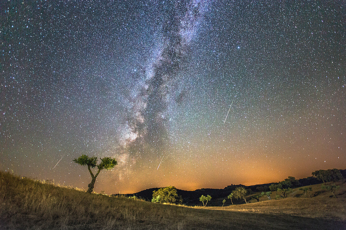 Milky Way and Perseid meteors, time-exposure image