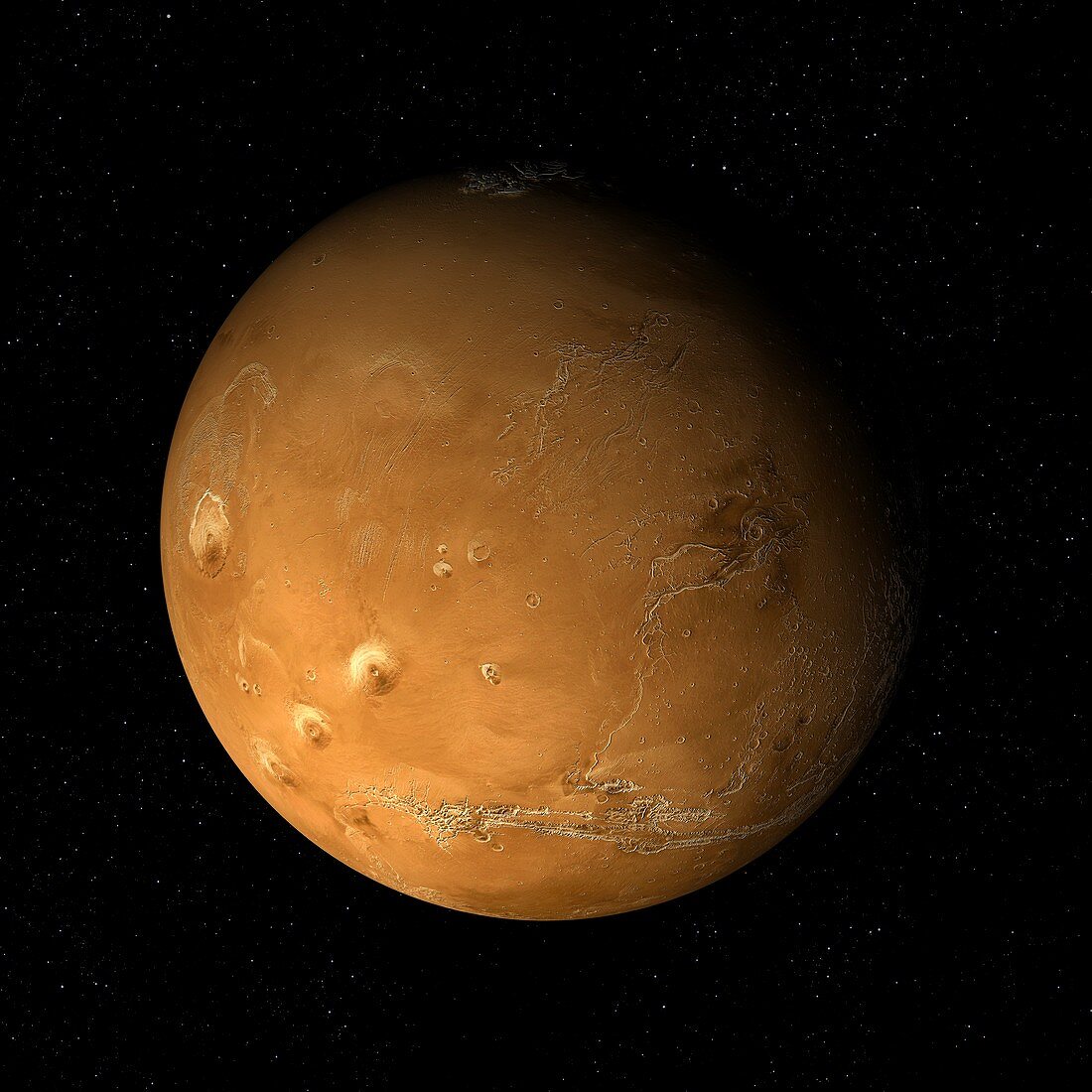 Tharsis Montes to North Pole, Mars, illustration