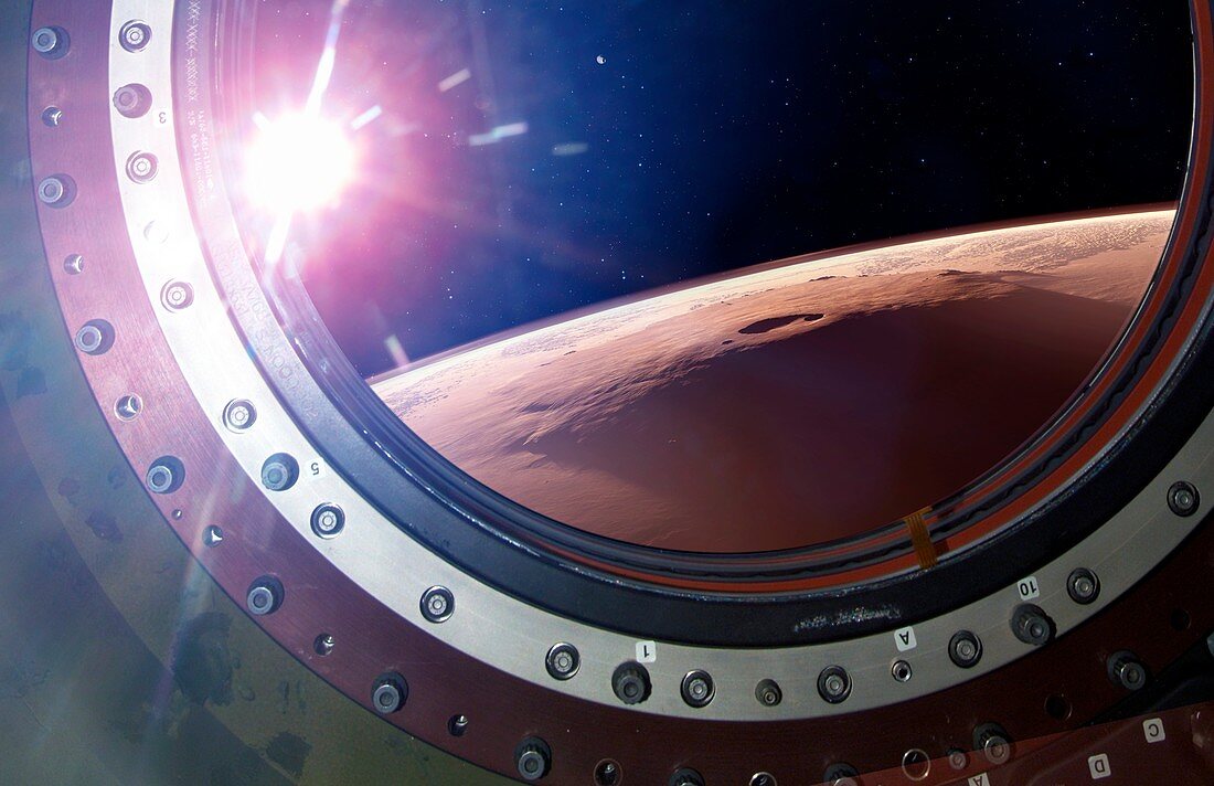 Olympus Mons, Mars, through spacecraft window, illustration