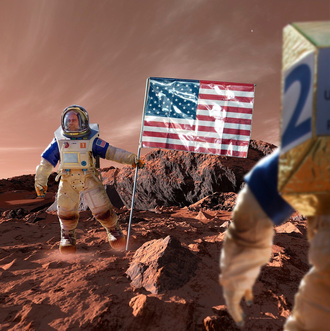 Astronaut on Mars with US flag, illustration