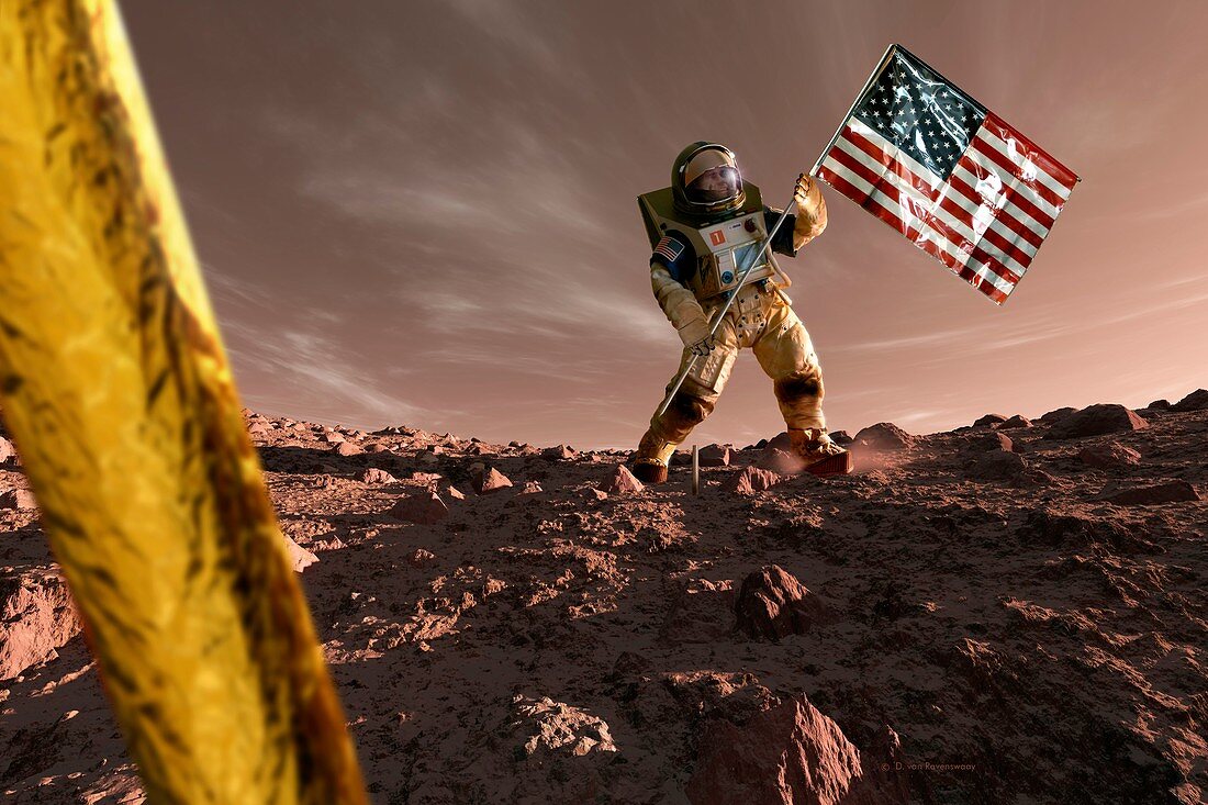 Astronaut on Mars with US flag, illustration