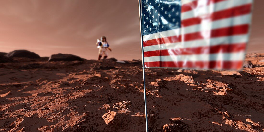 Astronauts on Mars with US flag, illustration
