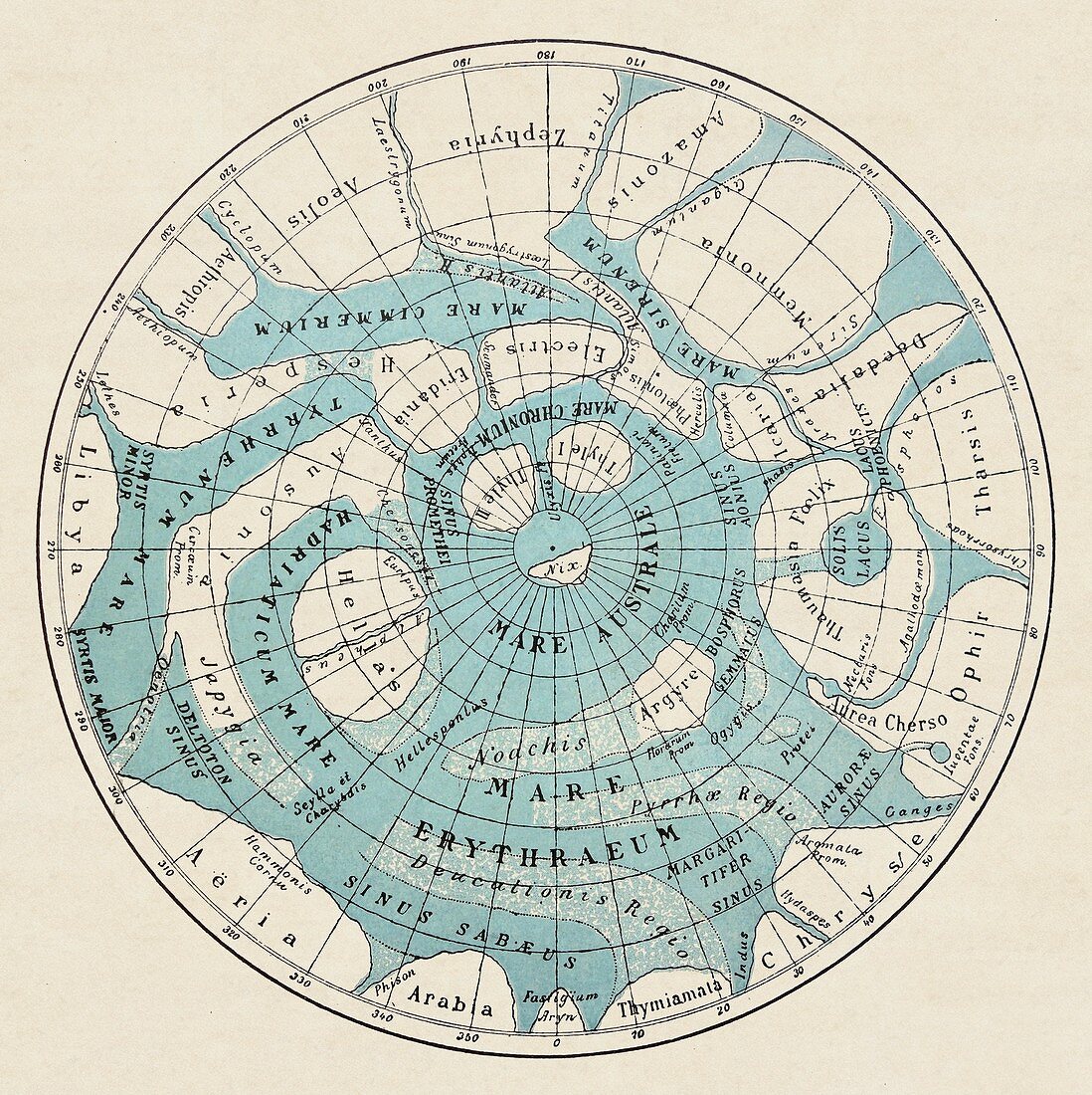 Southern Mars map by Schiaparelli 1908