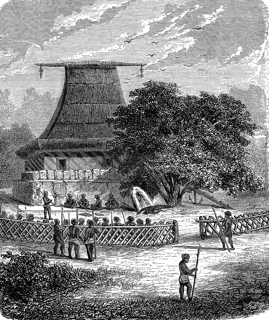 19th Century Fijian village, illustration