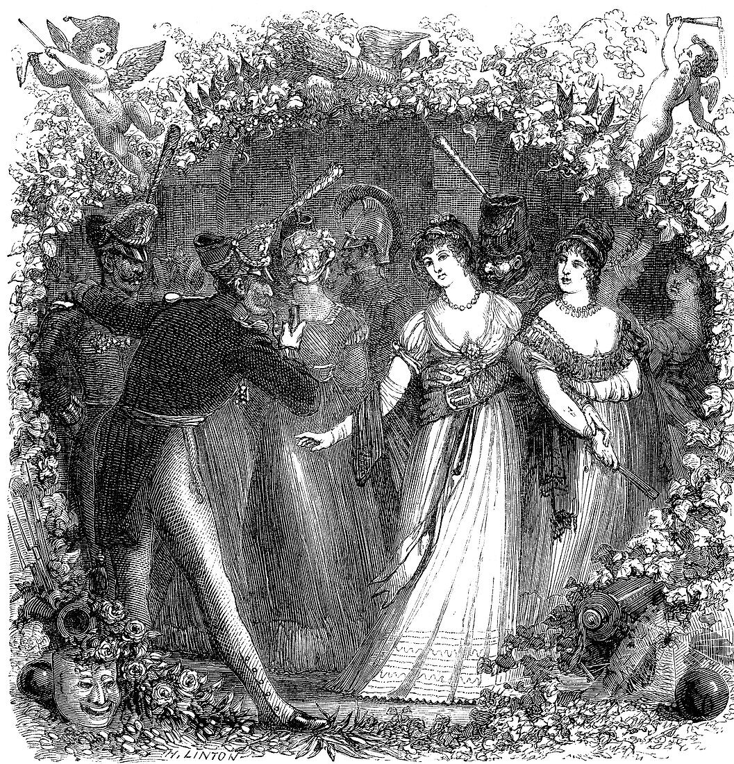 Ladies talking to army officers, 19th Century illustration