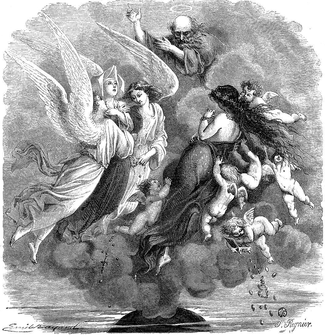 Charity in heaven, 19th Century illustration