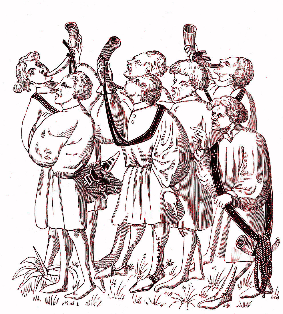 14th Century hunting horn players, 19th C illustration
