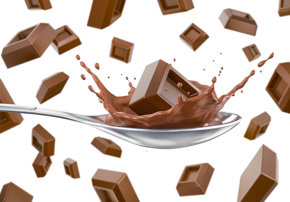 Chocolate cubes with one splashing in spoon, illustration