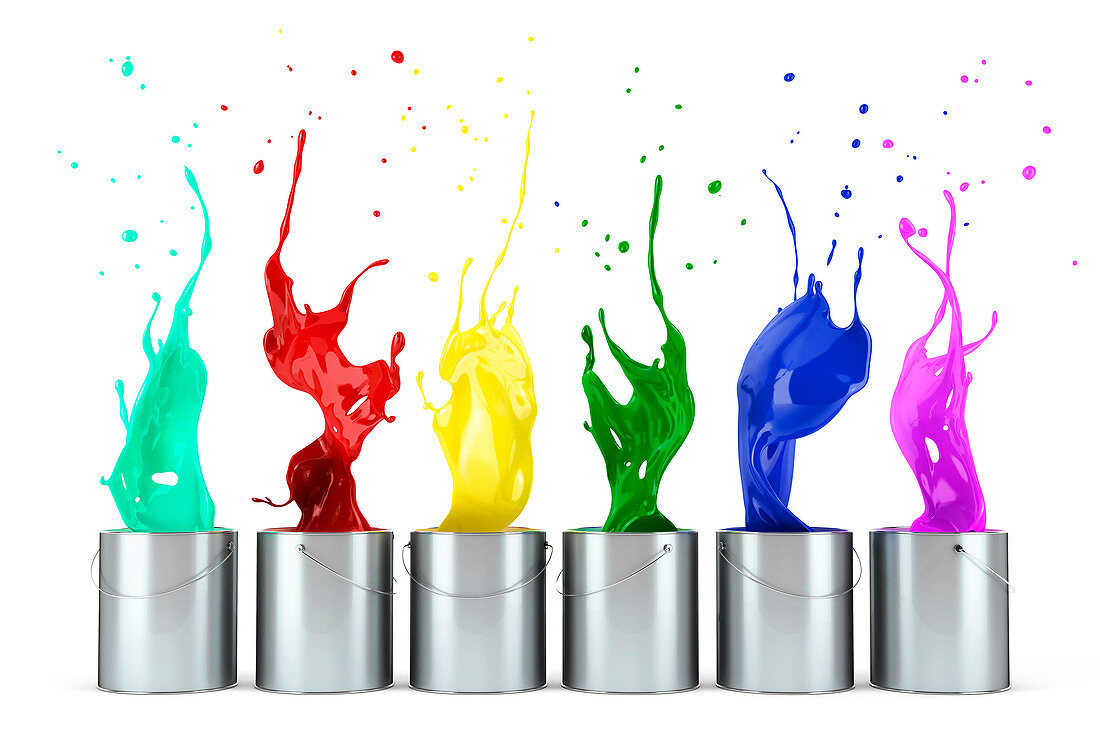 Multicolour paints splashing out of tins, illustration