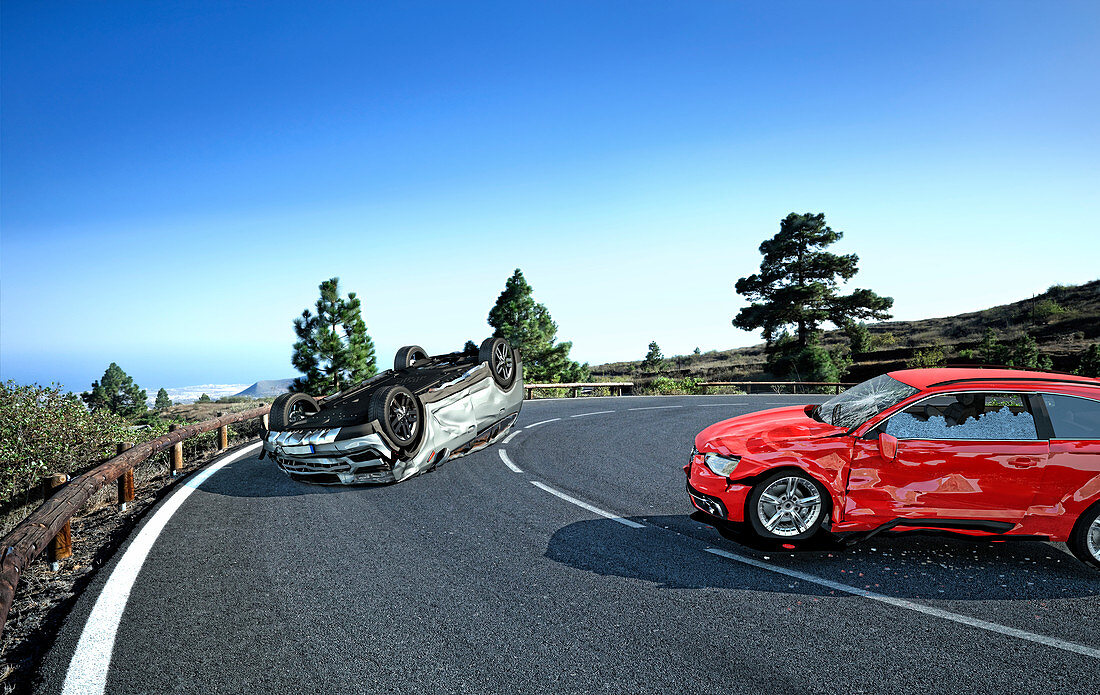 Two cars crashed in the countryside, illustration