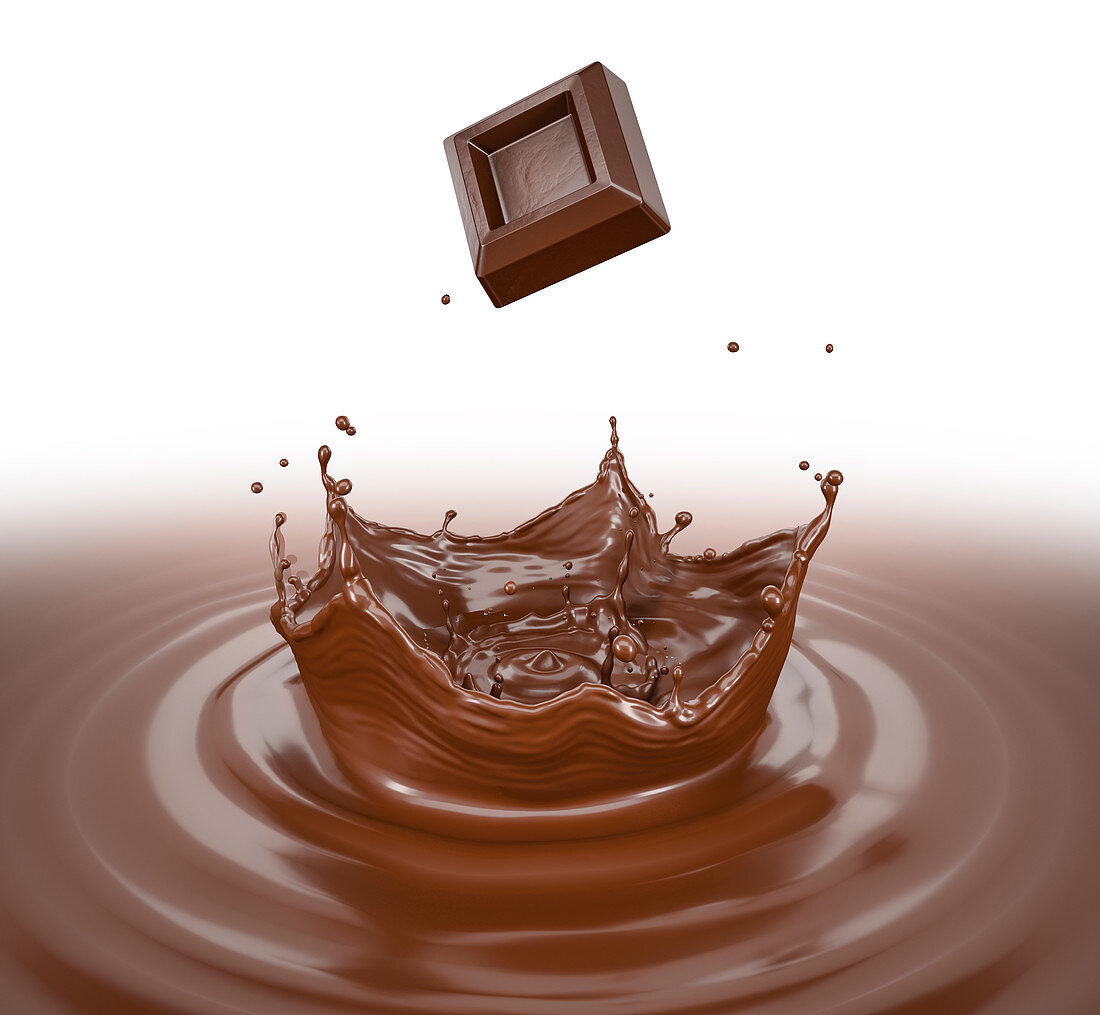 Chocolate cube splashing into chocolate liquid, illustration