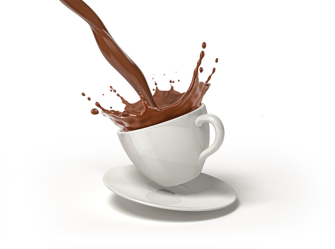 Chocolate splashing into cup and saucer, illustration
