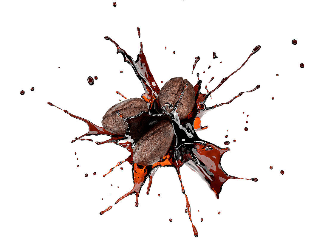 Coffee beans colliding with liquid coffee, illustration