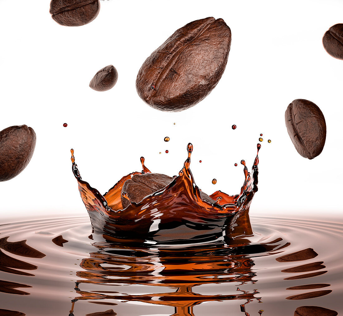 Coffee beans falling into pool of coffee, illustration