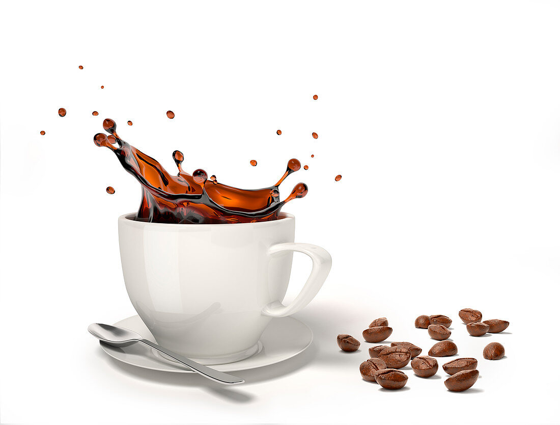 Liquid coffee splash in a white cup, illustration